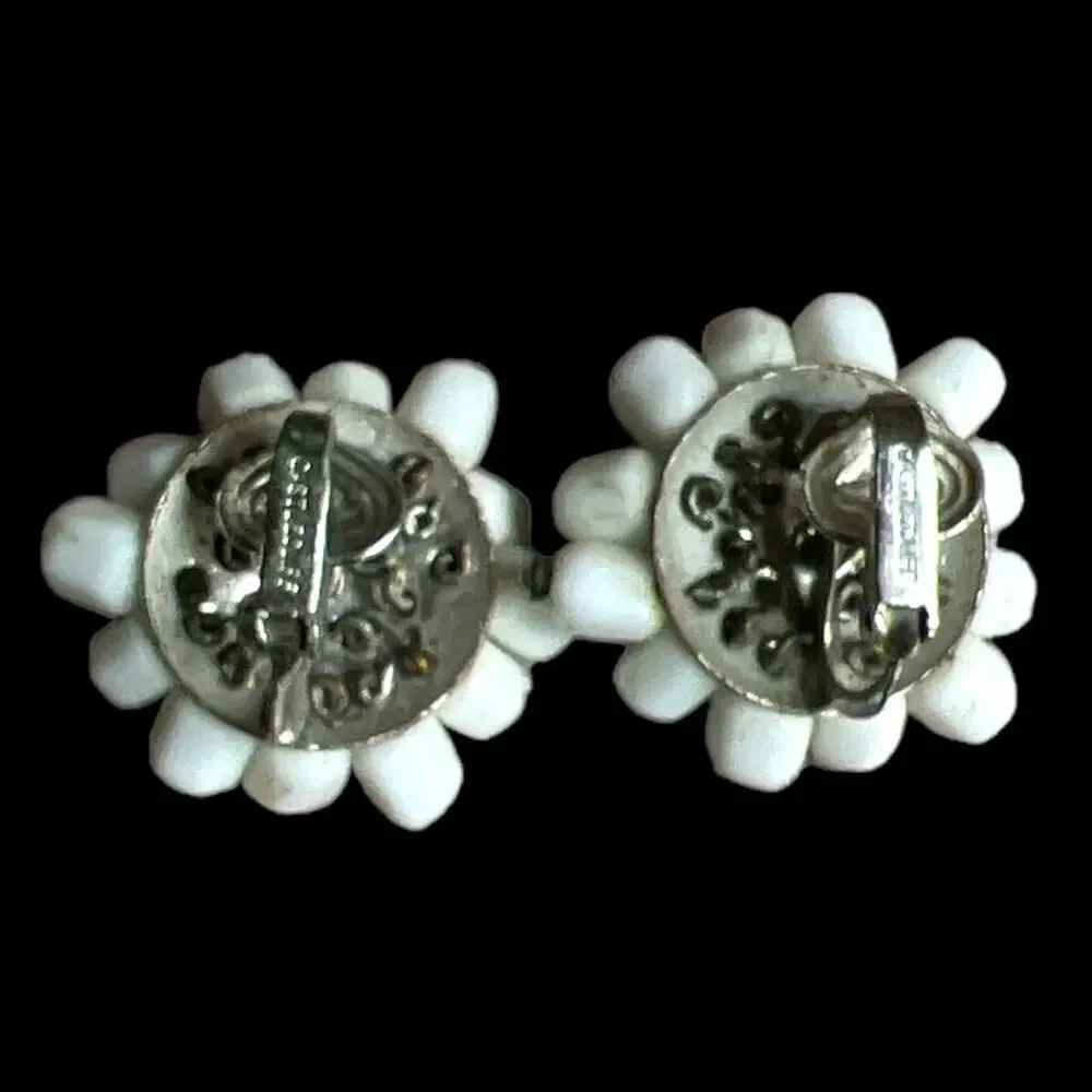 Mid Century Castlecliff White Vintage Beaded Clip On Earrings 50s Pinup Style